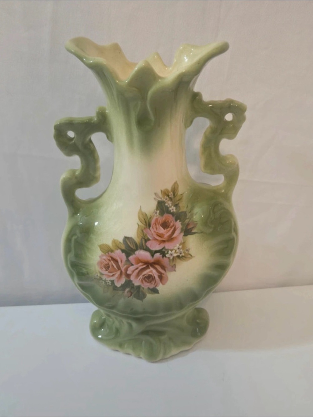 Hand-Painted Green and Pink Floral Ceramic Vase